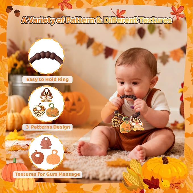 Thanksgiving Baby Teething Ring with 3pcs Teether-Soft Turkey, Pumpkin & Pine Cones Textured, Silicone Teether for 0-12months, Baby Sensory Chew Bracelet for Baby’s First Thanksgiving