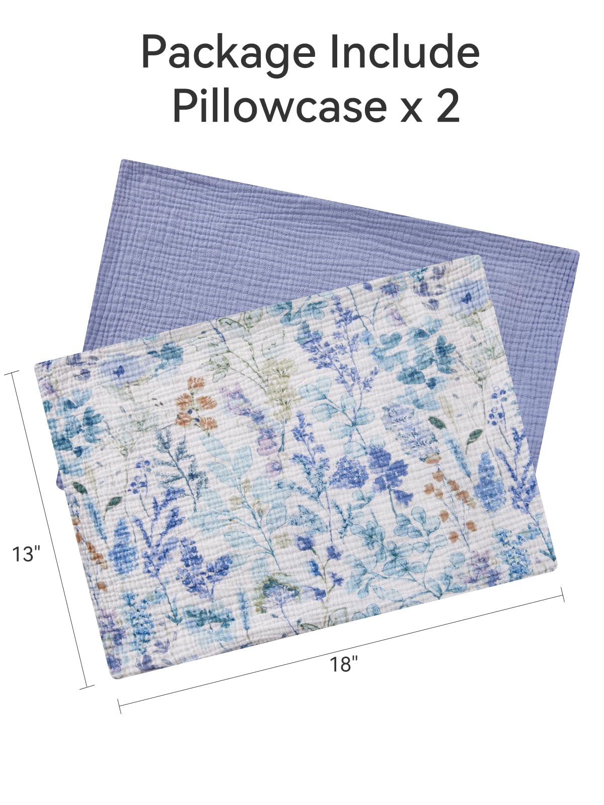 TILLYOU Muslin Toddler Pillowcase 2 Pack, 13x18 Soft Travel Cotton Pillow Case Kids for Boys and Girls, Blue Flower
