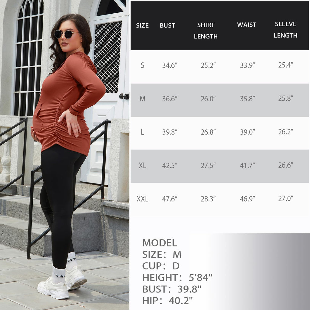 GINKANA Maternity Hoodie Shirt Pullover Long Sleeve with Pocket Ruched Nursing Wear,Olive Green+Caramel,S