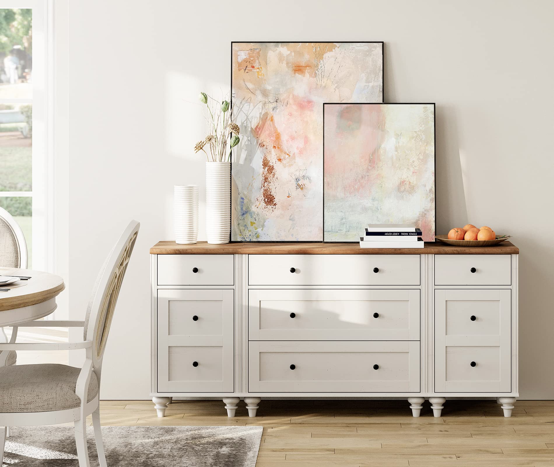 WAMPAT Farmhouse Nightstands with Charging Station for Living Room, Mid Century Modern Kids Storage Cabinet with Vintage Chest of Drawers for Nursery, White/Oak