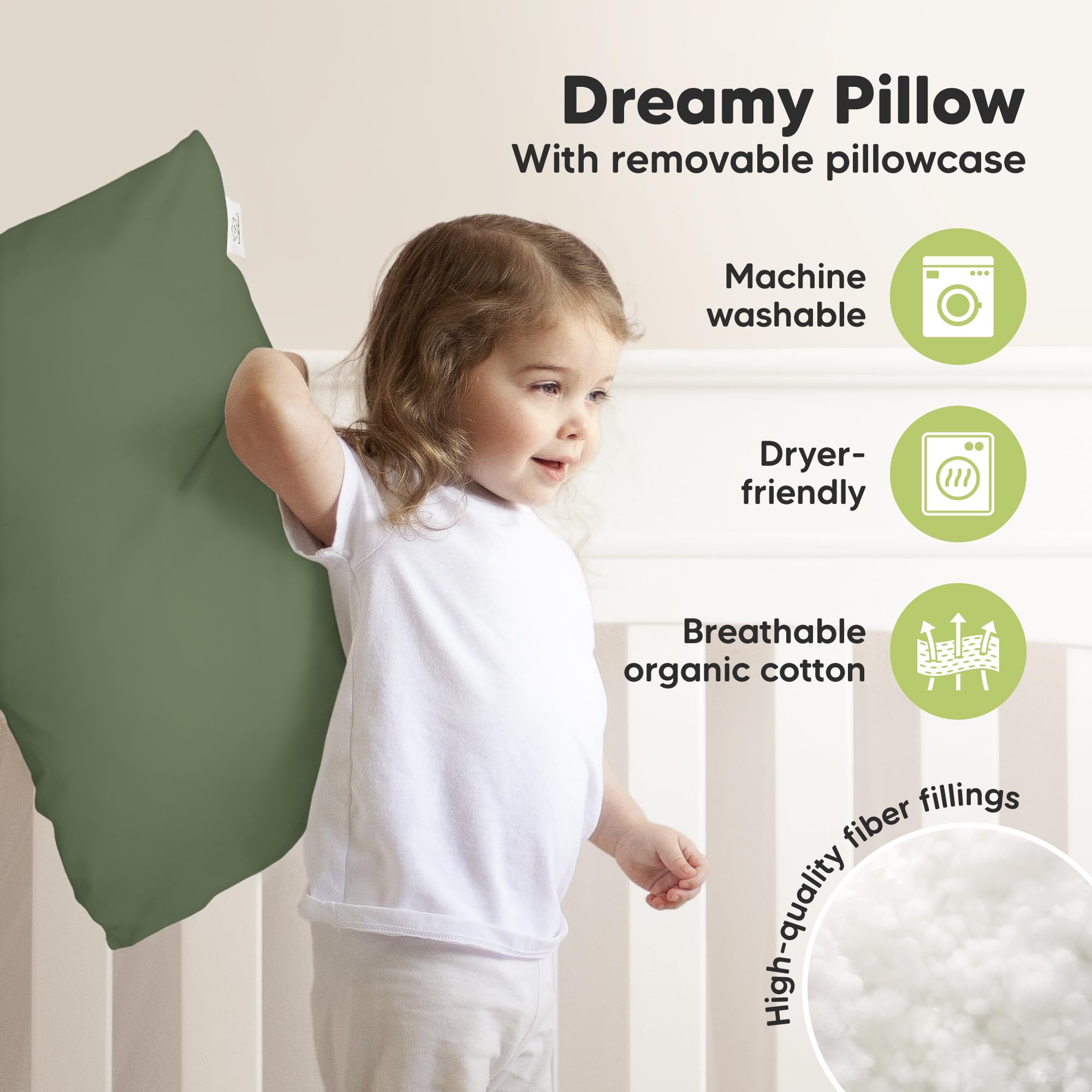 KeaBabies Organic Toddler Pillow with Pillowcase,Jumbo 14X20(Jungle Green)