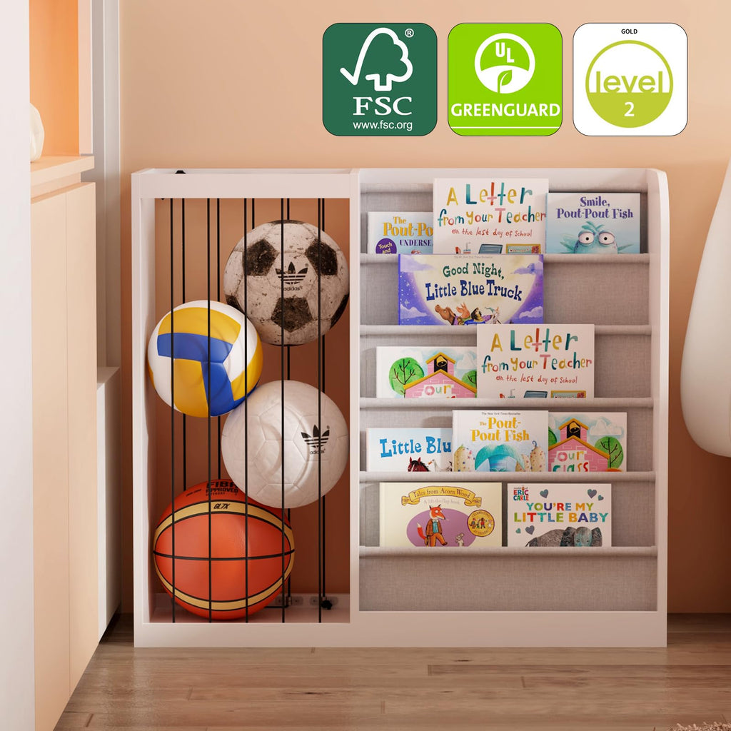 HedoAjim White Kids Bookshelf & Stuffed Animal Net Holder Plush Toy Storage Organizer Child Bookcase Toddler Baby Sling Book Rack for Playroom Bedroom Nursery Infant Boys Girls Classroom