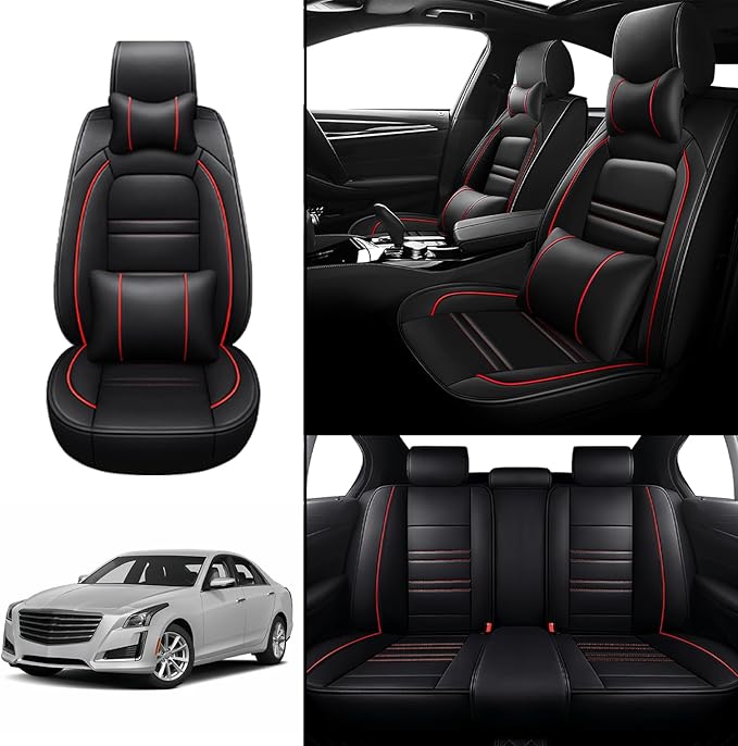Car Seat Covers for Cadillac cts 2003-2019 | 5-Seats Seat Covers, Waterproof Seat Protectors, Automotive Seat Covers (Full Set with Pillow,Black&Red Line)