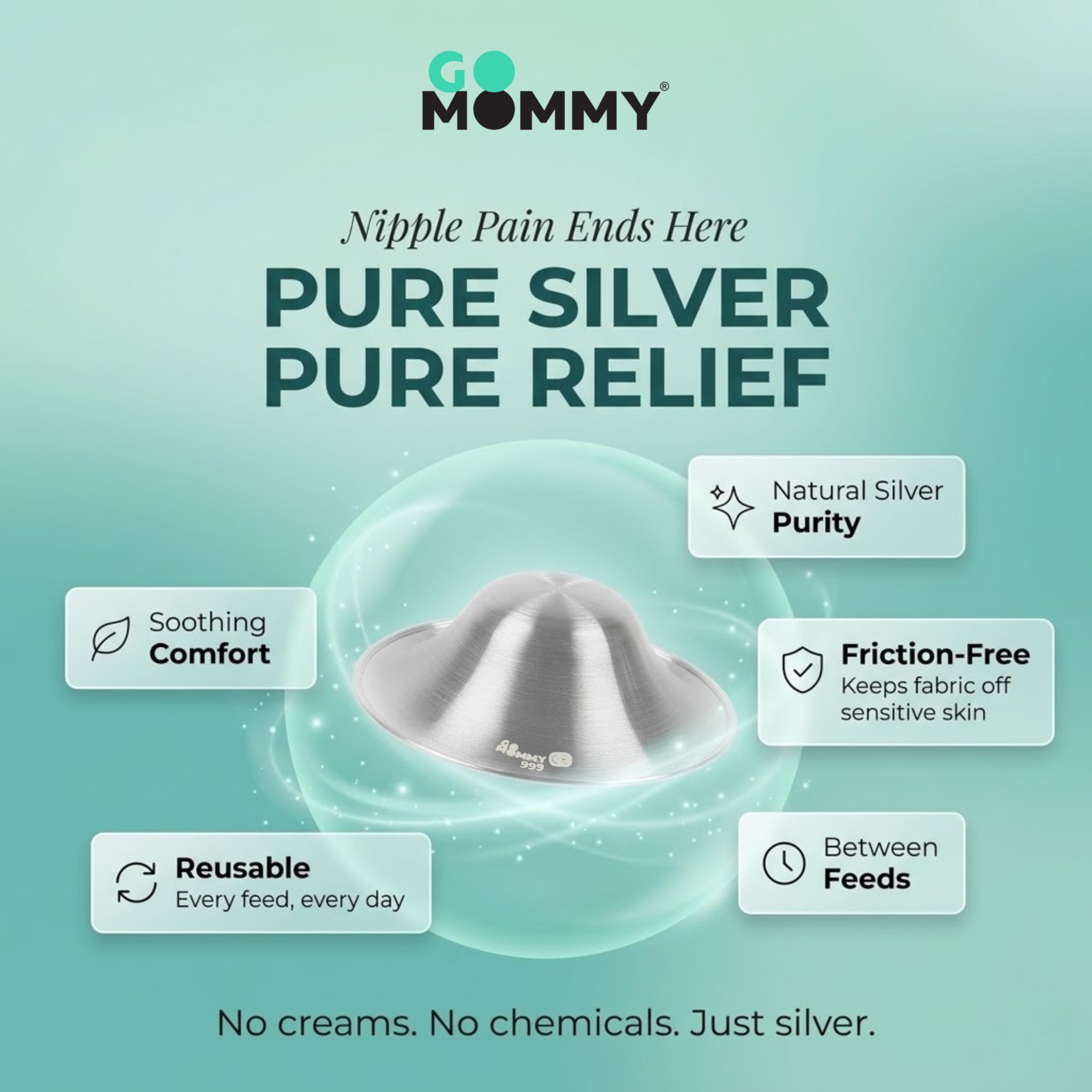 Go Mommy 999 Pure Solid Silver Nursing Cups — Nipple Covers & Shields for Breastfeeding, Sore Nipple Relief, Reusable Nickel-Free Breastfeeding Essentials, Regular Size