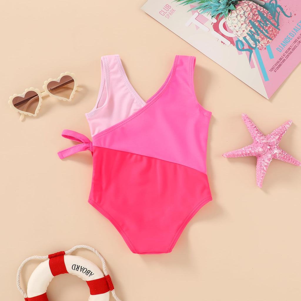Happy Town Toddler Swimsuit Girl One Piece Bathing Suit Color Block Swimwear Baby Summer Beach Wear(4-5T,Pink Color Block)