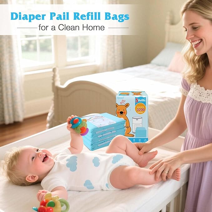 5 Pack Diaper Pail Refill Bags Compatible with Dekor Classic Diaper Pail, 40% Extra Length Refills Holds up to 3200 Diapers, Thickened Multi-layer Odor Control (Baby Scent)