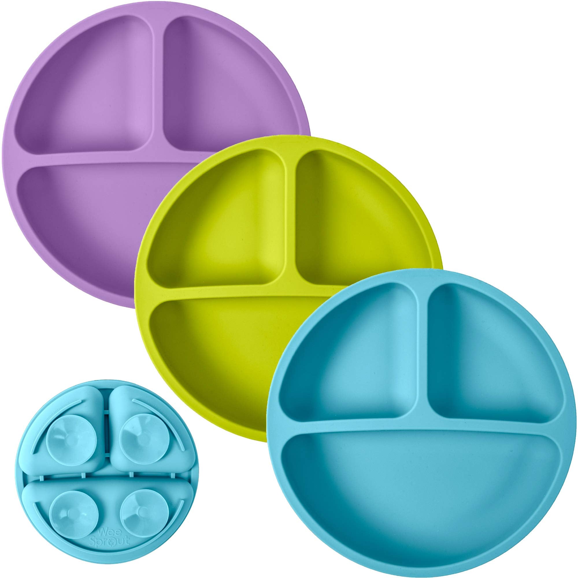 WeeSprout Suction Plates for Babies & Toddlers - 100% Silicone, Dinnerware Stays Put, Divided Design for Picky Eaters, Microwave & Dishwasher Friendly, 3 Pack