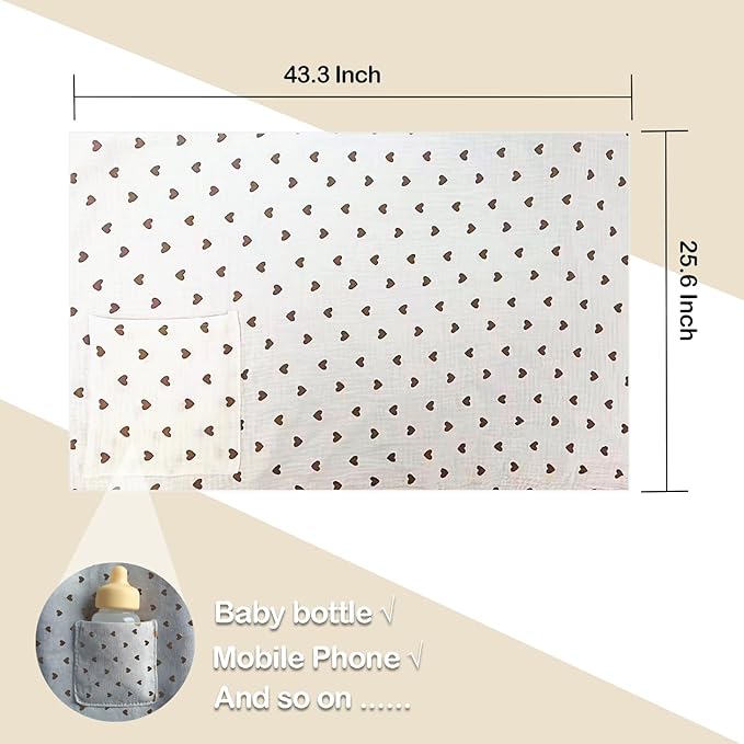Muslin Nursing Covers for Breastfeeding, Arch Neckline Breast Feeding Covers for Women, Moms Privacy Breathable Summer Nursing Apron, 43.3" x 25.6" Soft Feeding Cover (Beige Sweet Khaki Heart)