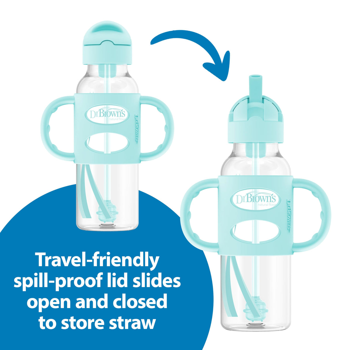 Dr. Brown's Narrow Sippy Straw Bottle with Handles, Gray & Green, 2-Pack