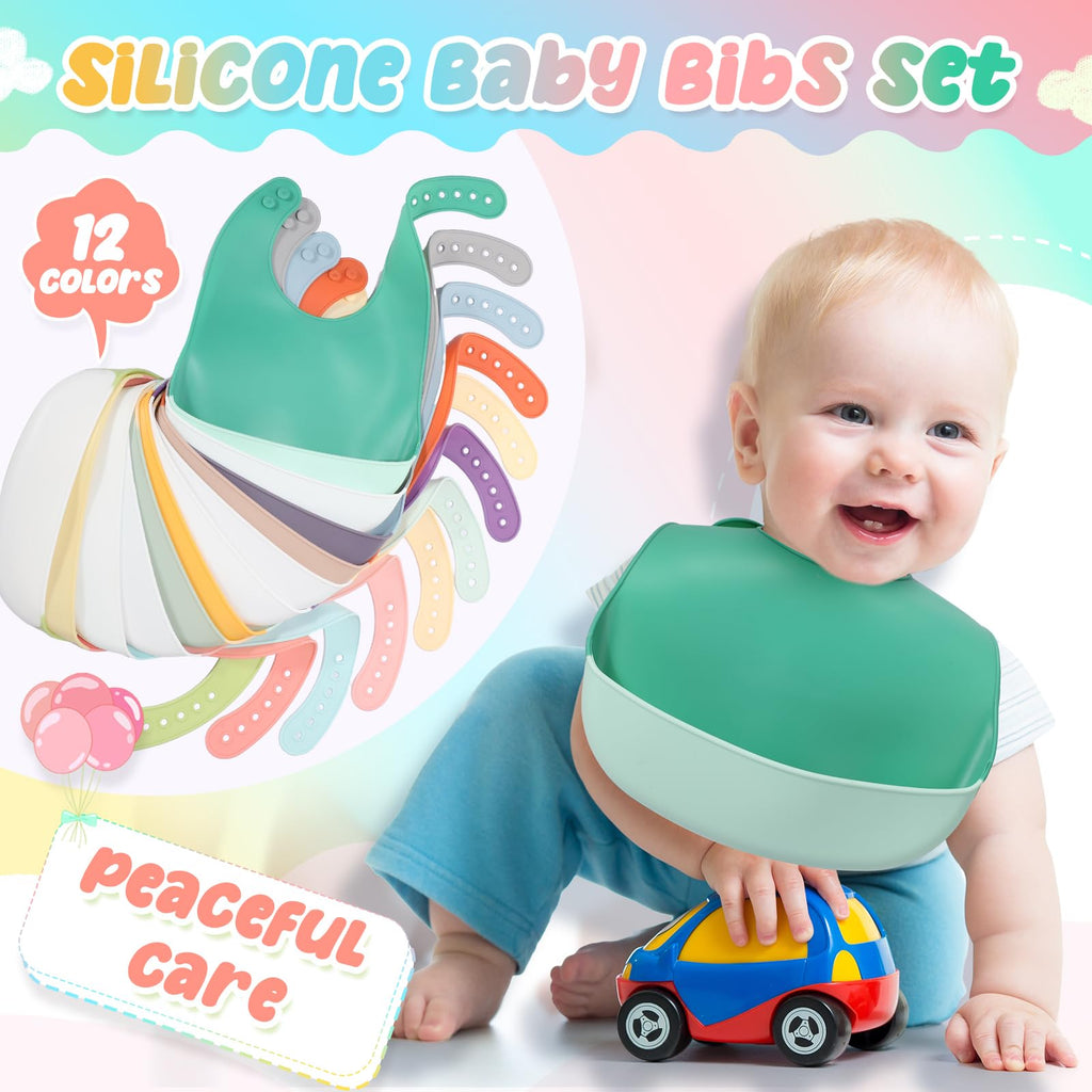 Mepase 12 Pcs Silicone Bibs Waterproof Silicone Baby Bibs Soft Adjustable Baby Feeding Unisex Baby Eating Supplies(Bright Color)
