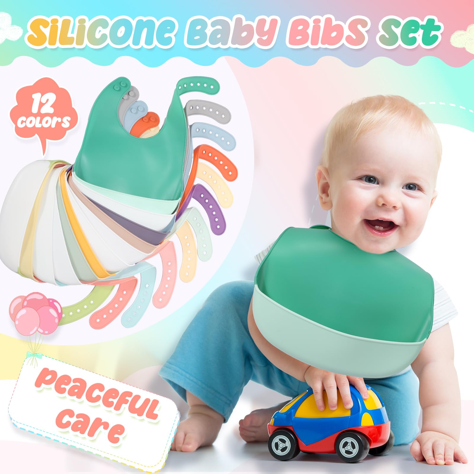 Mepase 12 Pcs Silicone Bibs Waterproof Silicone Baby Bibs Soft Adjustable Baby Feeding Unisex Baby Eating Supplies(Bright Color)