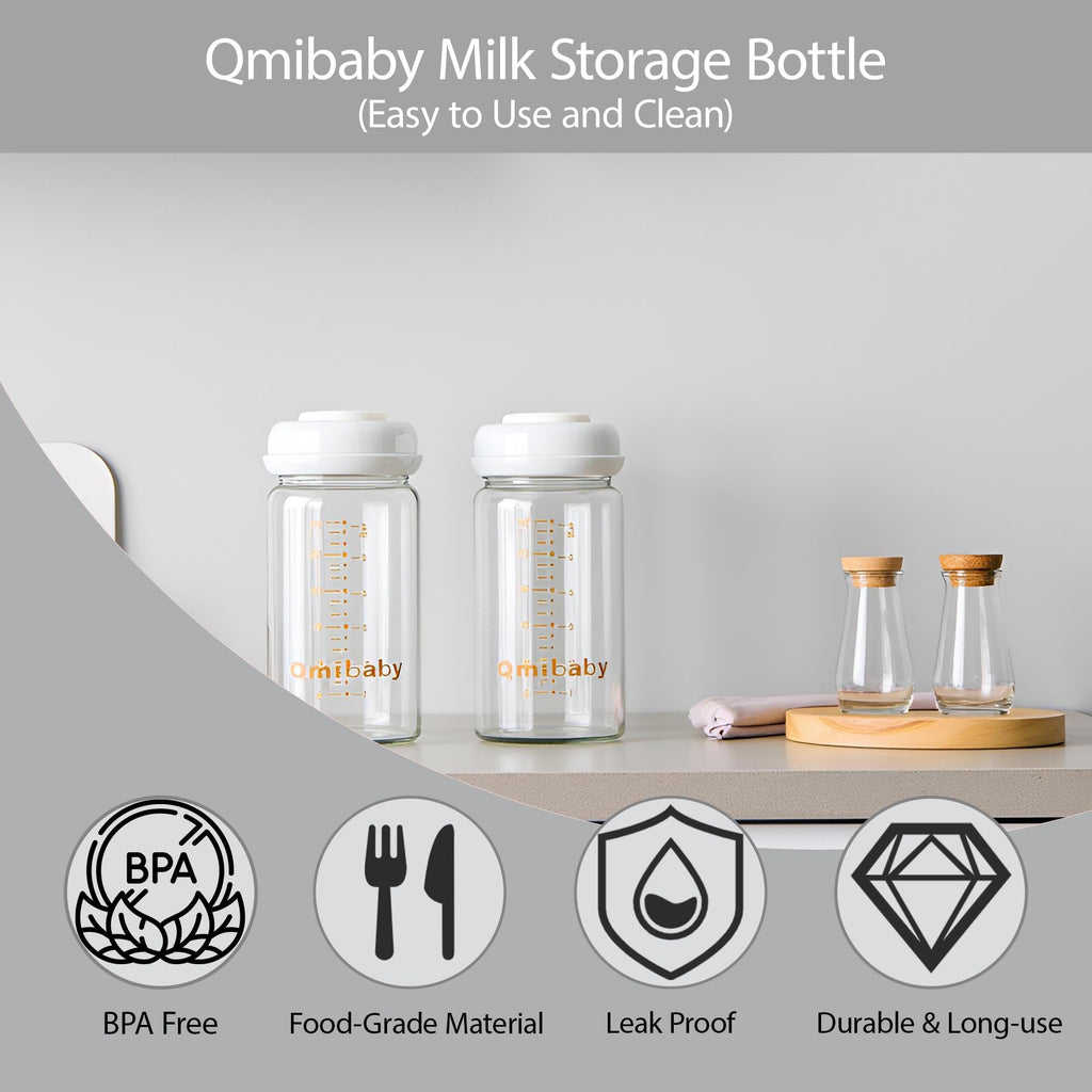 Qmibaby Glass Breastmilk Storage Bottles 180ml 6oz BPA-Free Leak-Proof Natural Baby Bottle for Breastmilk Storage Wide Neck Bottles with Screw Ring Sealing Disk Breastfeeding (Grey, 180ml-2Packs)