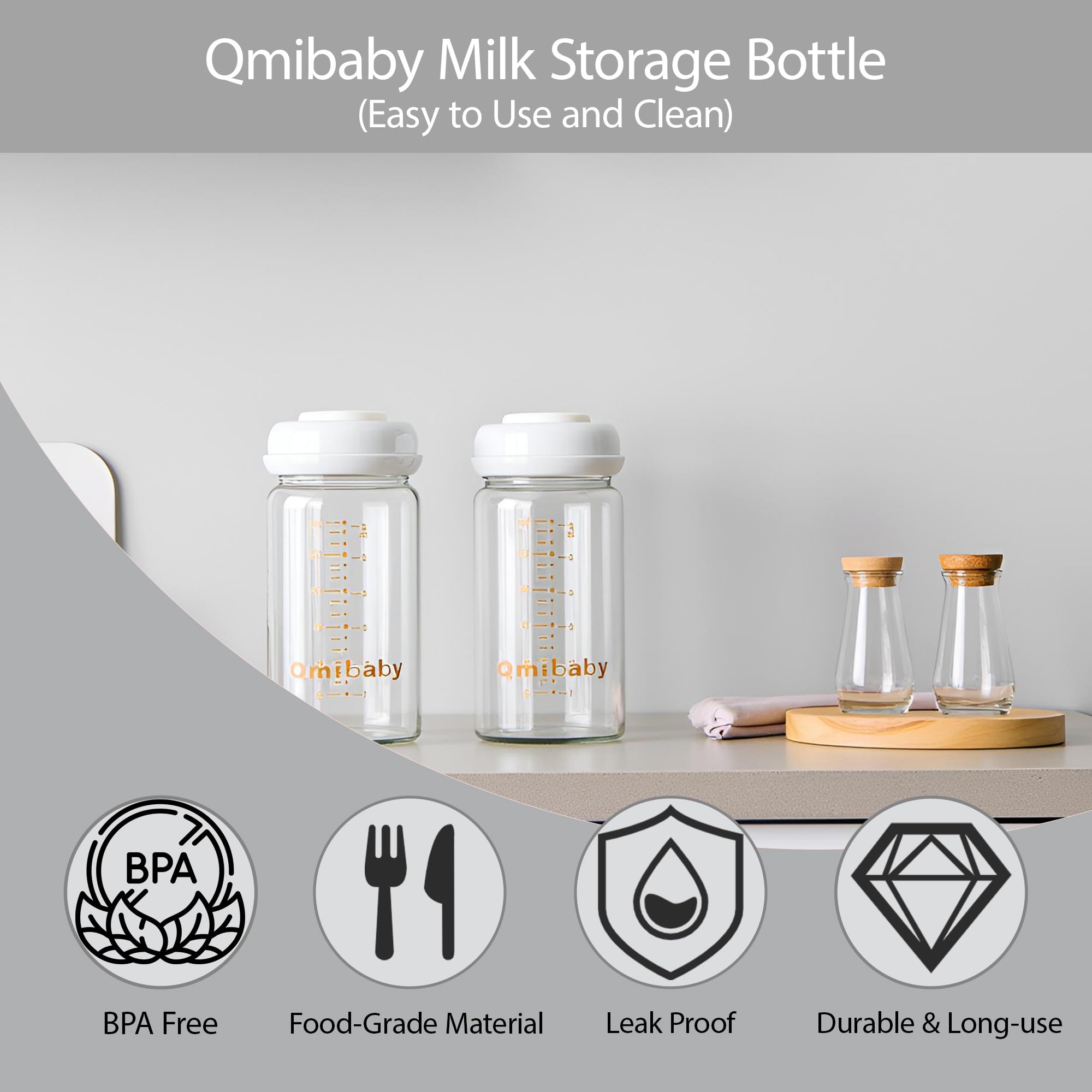 Qmibaby Glass Breastmilk Storage Bottles 180ml 6oz BPA-Free Leak-Proof Natural Baby Bottle for Breastmilk Storage Wide Neck Bottles with Screw Ring Sealing Disk Breastfeeding (Grey, 180ml-2Packs)