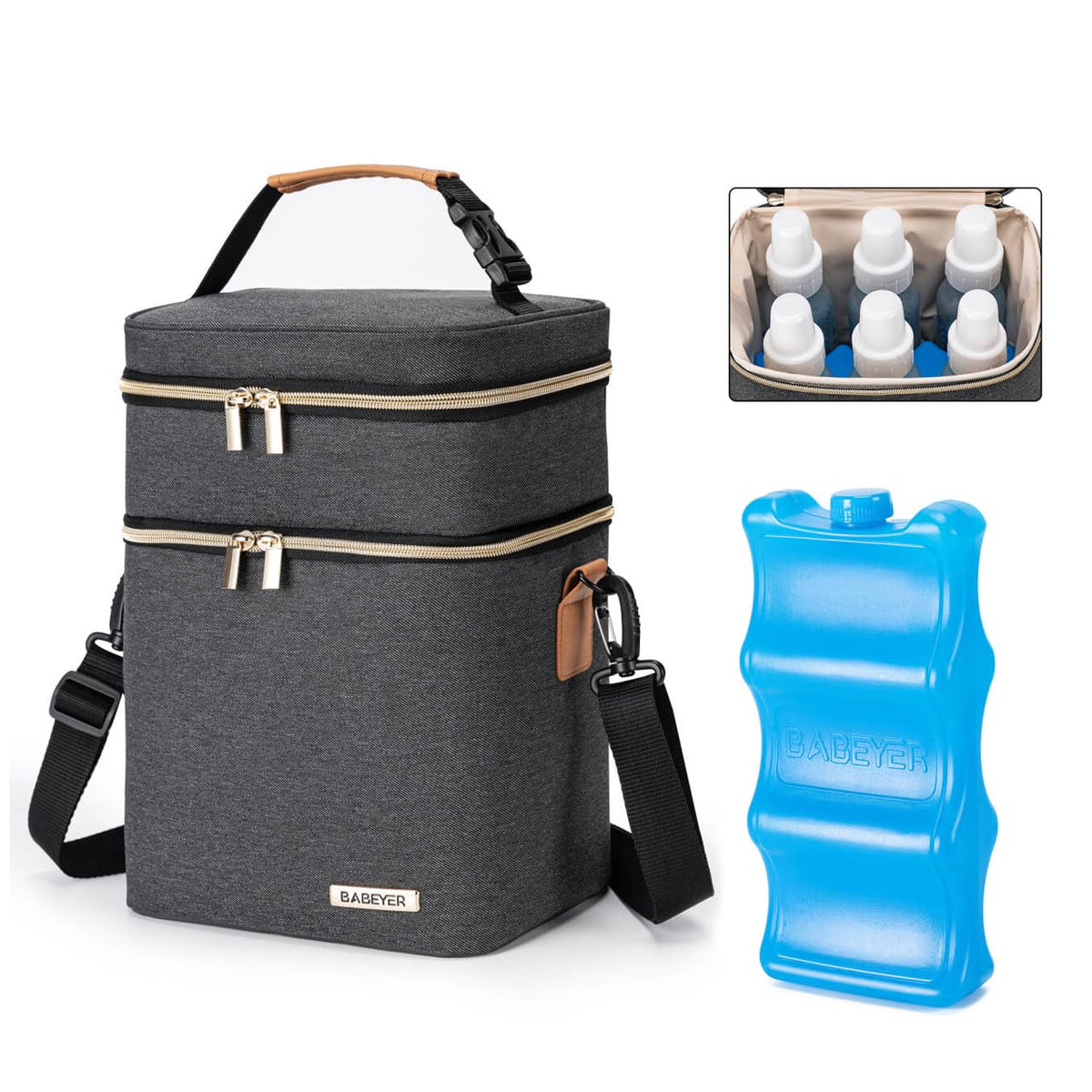 BABEYER Insulated Breastmilk Cooler Bag with Ice Pack - Holds 6x9oz Bottles, Leakproof Double Layer, Baby Bottle Cooler Bag with Adjustable Strap for Nursing Moms, Daycare & Travel