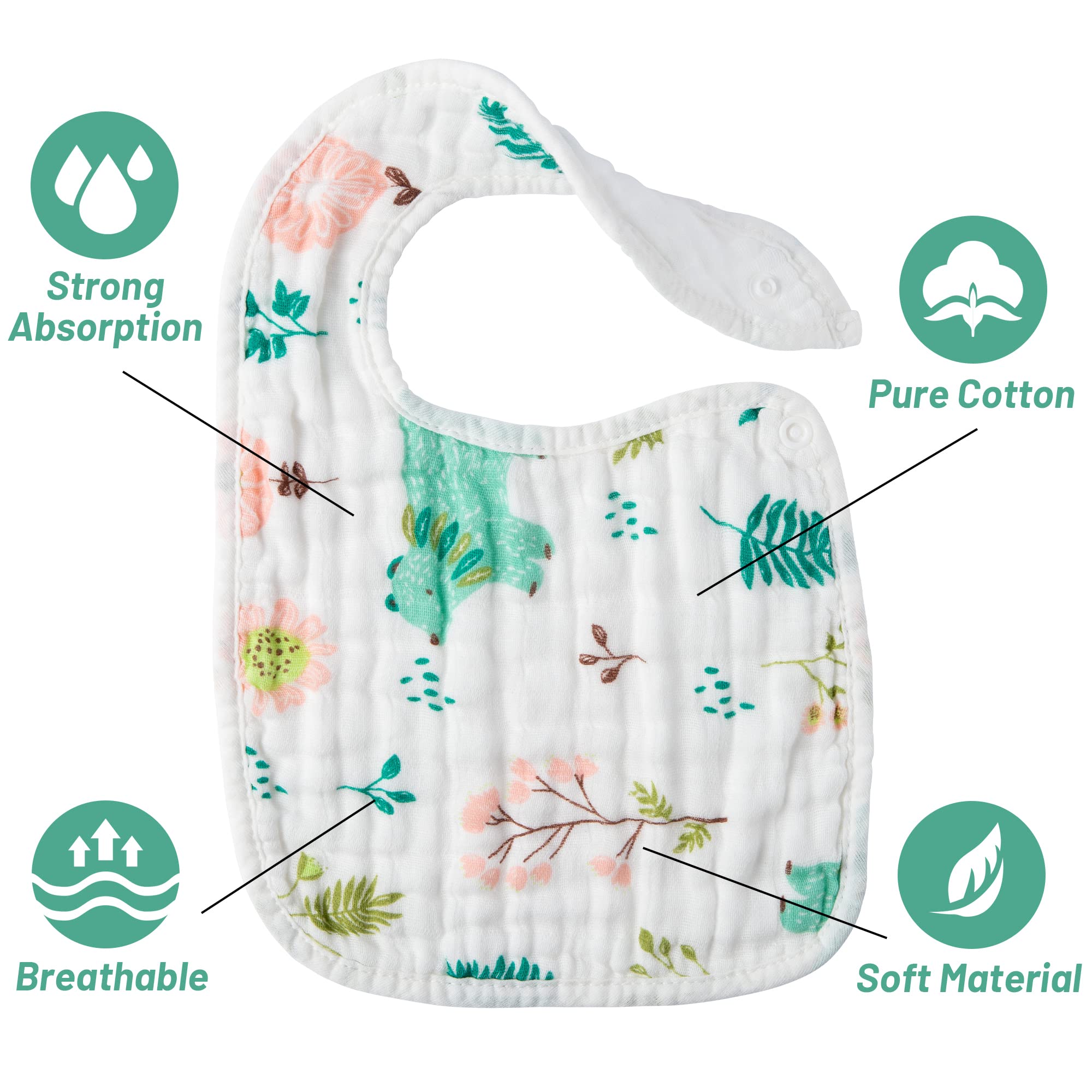 Zainpe 6Pcs Snap Muslin Cotton Bibs for Baby Rainbow Unicorn Flamingo Machine Washable Burp Cloths with 6 Absorbent Soft Layers for Girl&Boy Infant Newborn Toddler Feeding Drooling Teething