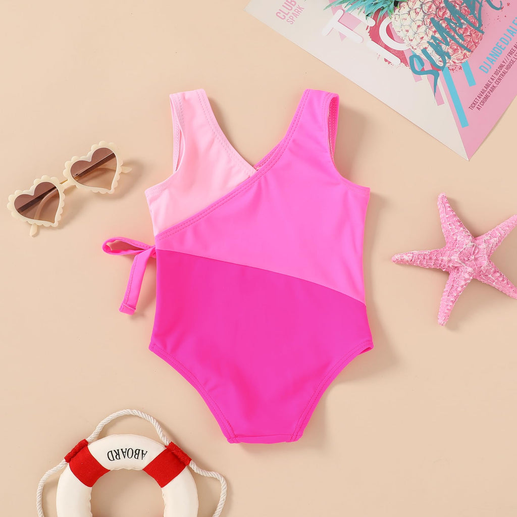 Happy Town Toddler Swimsuit Girl One Piece Bathing Suit Color Block Swimwear Baby Summer Beach Wear(5-6 Years, Rose Pink Color Block)