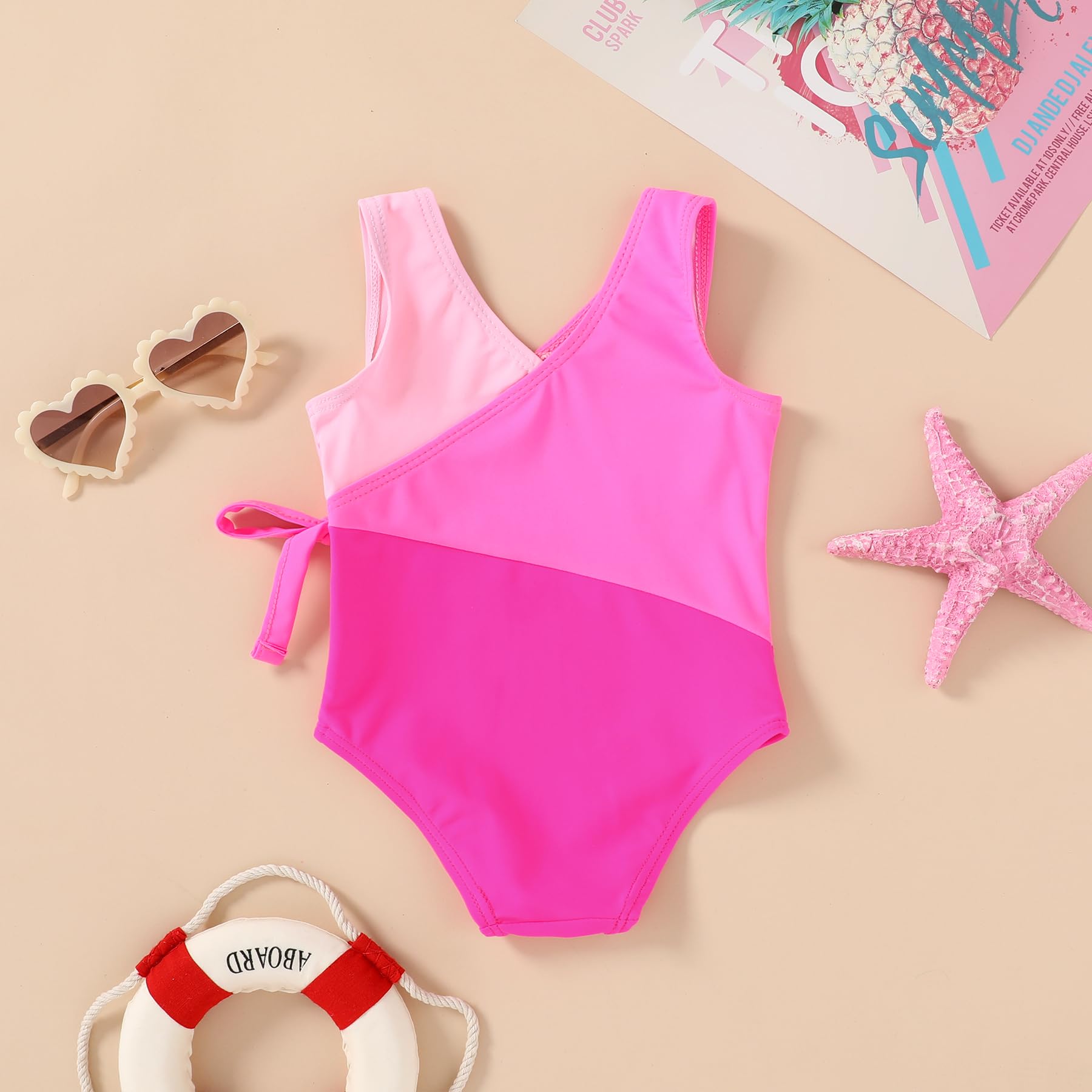 Happy Town Toddler Swimsuit Girl One Piece Bathing Suit Color Block Swimwear Baby Summer Beach Wear(4-5T, Rose Pink Color Block)