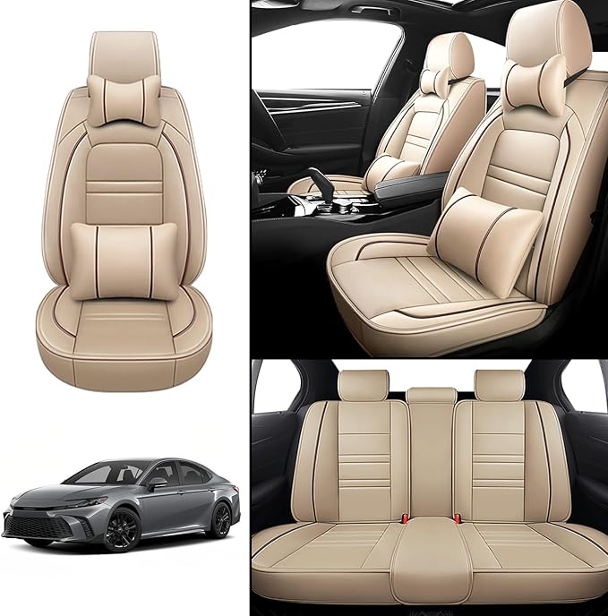 Car Seat Covers for Toyota Camry 2002-2025 | 5-Seats Seat Covers, Waterproof Seat Protectors, Automotive Seat Covers (Full Set with Pillow,Beige)