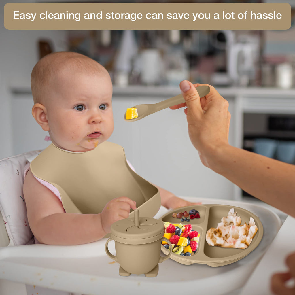 Mutualproducts - Baby Feeding Set 10-Piece | Baby Led Weaning Utensils Set Includes Suction Bowl and Plate, Baby Spoon and Fork, Sippy Cup, Straw, Lid & 2Bibs | Baby Feeding Supplies (B-Beige)