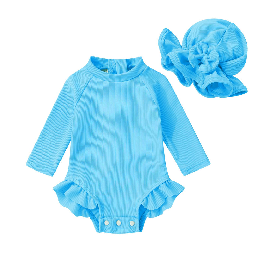 YOUNGER TREE Infant Baby Girls Swimsuit Long Sleeve One Piece Swimsuit Solid Color Bathing Suit with Hat, UPF 50+ (Blue, 18-24 Months)