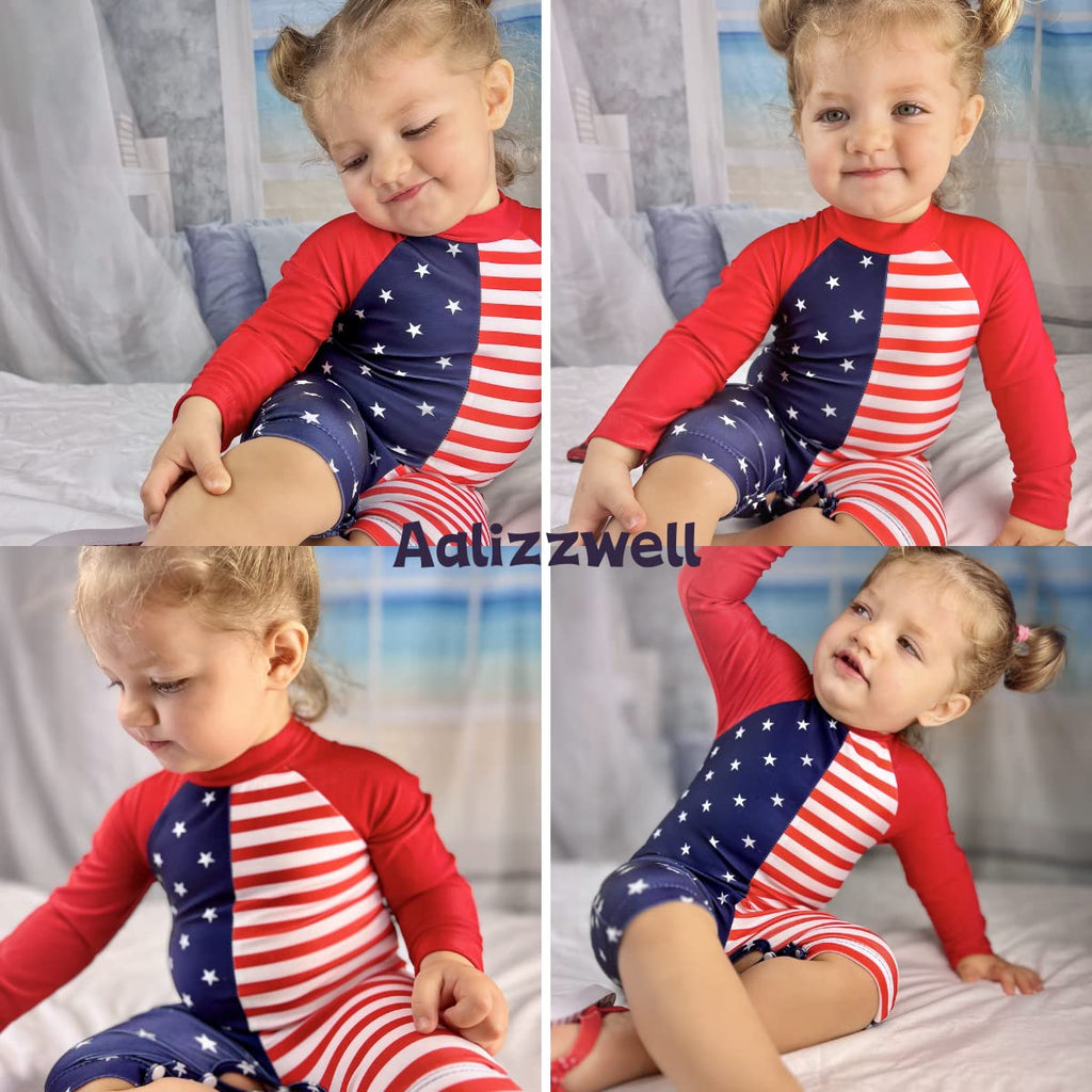 Aalizzwell 6-12 Months Infant Baby Girls One Piece American Flag Long Sleeve Swimsuit 4th of July Bathing Suit Independence Day Swimwear Beach Wear