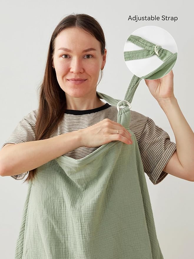 TILLYOU Muslin Nursing Cover for Baby Breastfeeding, 100% Cotton Breathable with Arch Neckline for Women, Green