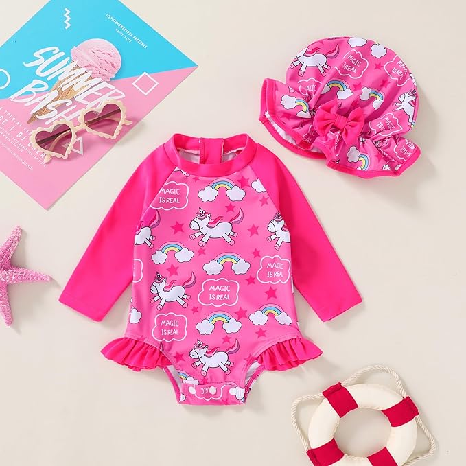 Infant Baby Girl Swimsuit One-Piece Long Sleeve Rash Guard with Hat Set Floral Zipper Bathing Suit Leopard Beach Wear
