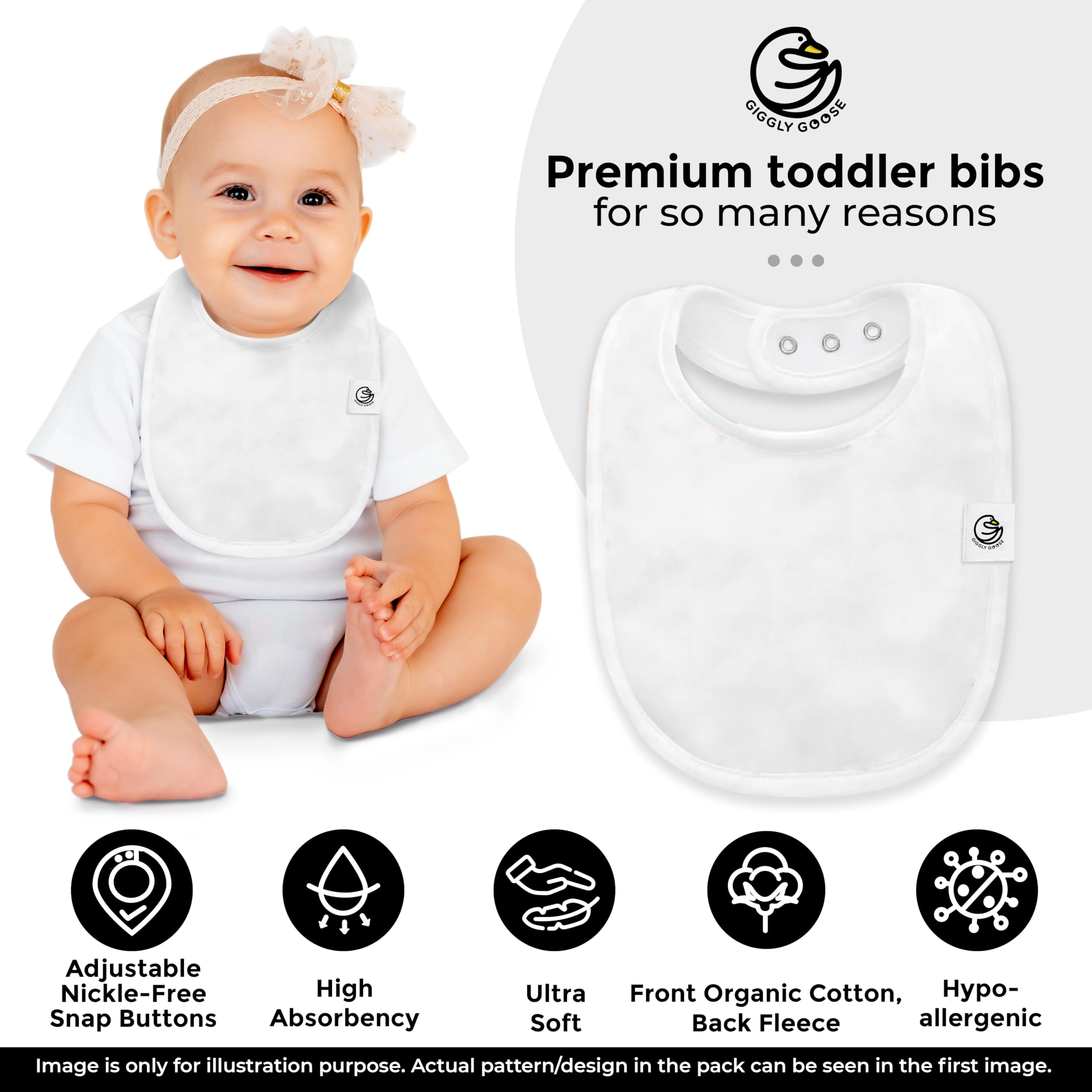 Giggly Goose 3 Pack Drooling Bibs for Babies | Premium & Soft Organic Cotton Teething Bibs with Snaps and Fleece Backing