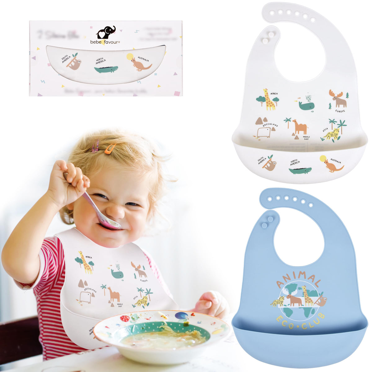 BEBE FAVOUR 2 Pack Silicone Baby Bibs With Adjustable Fit Waterproof
