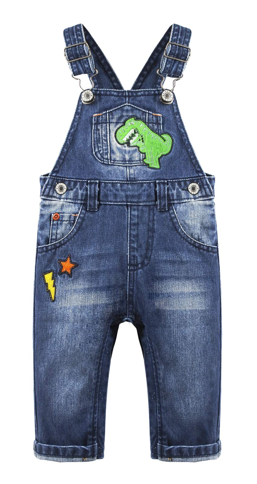 KIDSCOOL Toddler Baby Denim Overalls Striped Patch Jean Bib Romper Jumpsuit