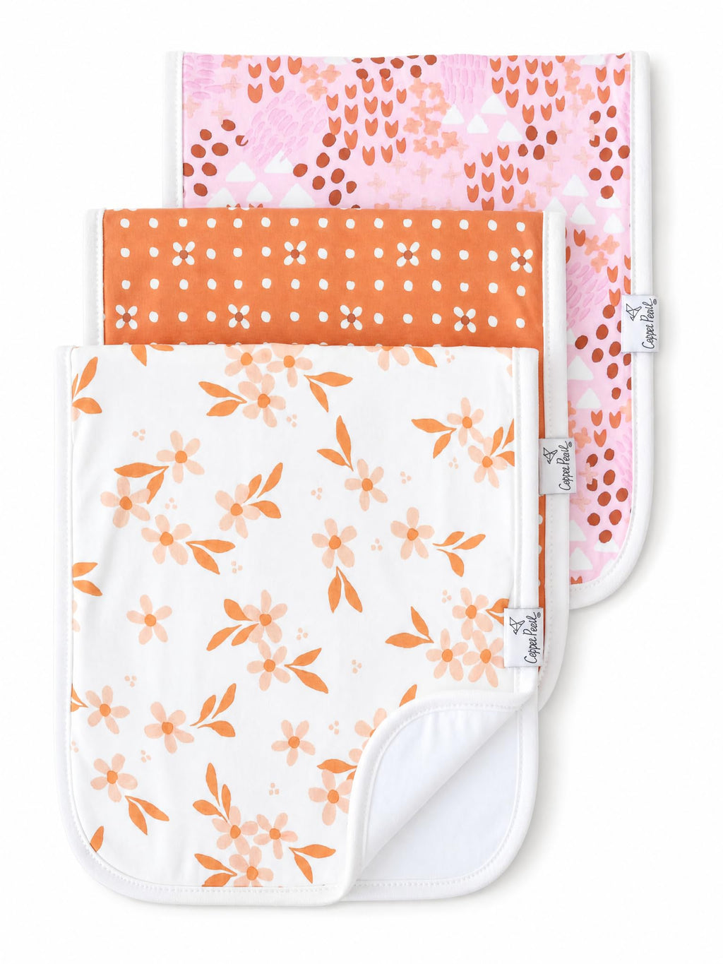 Copper Pearl Premium Baby Burp Cloths - 3-Pack Large Cotton Burp Cloths, Extra Soft Spit Up Rags with 3 Absorbent Layers, Perfect for Baby Boy and Baby Girl Gifts (21" x 10" Size, Rue Set)