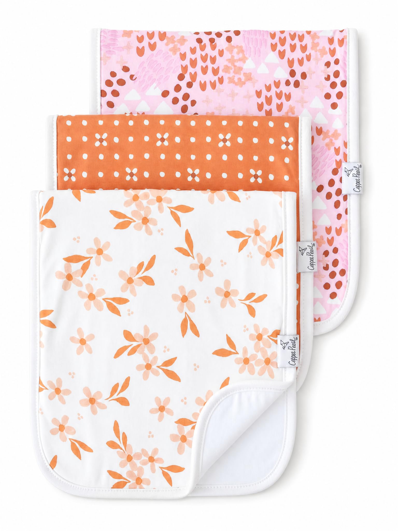 Copper Pearl Premium Baby Burp Cloths - 3-Pack Large Cotton Burp Cloths, Extra Soft Spit Up Rags with 3 Absorbent Layers, Perfect for Baby Boy and Baby Girl Gifts (21" x 10" Size, Rue Set)