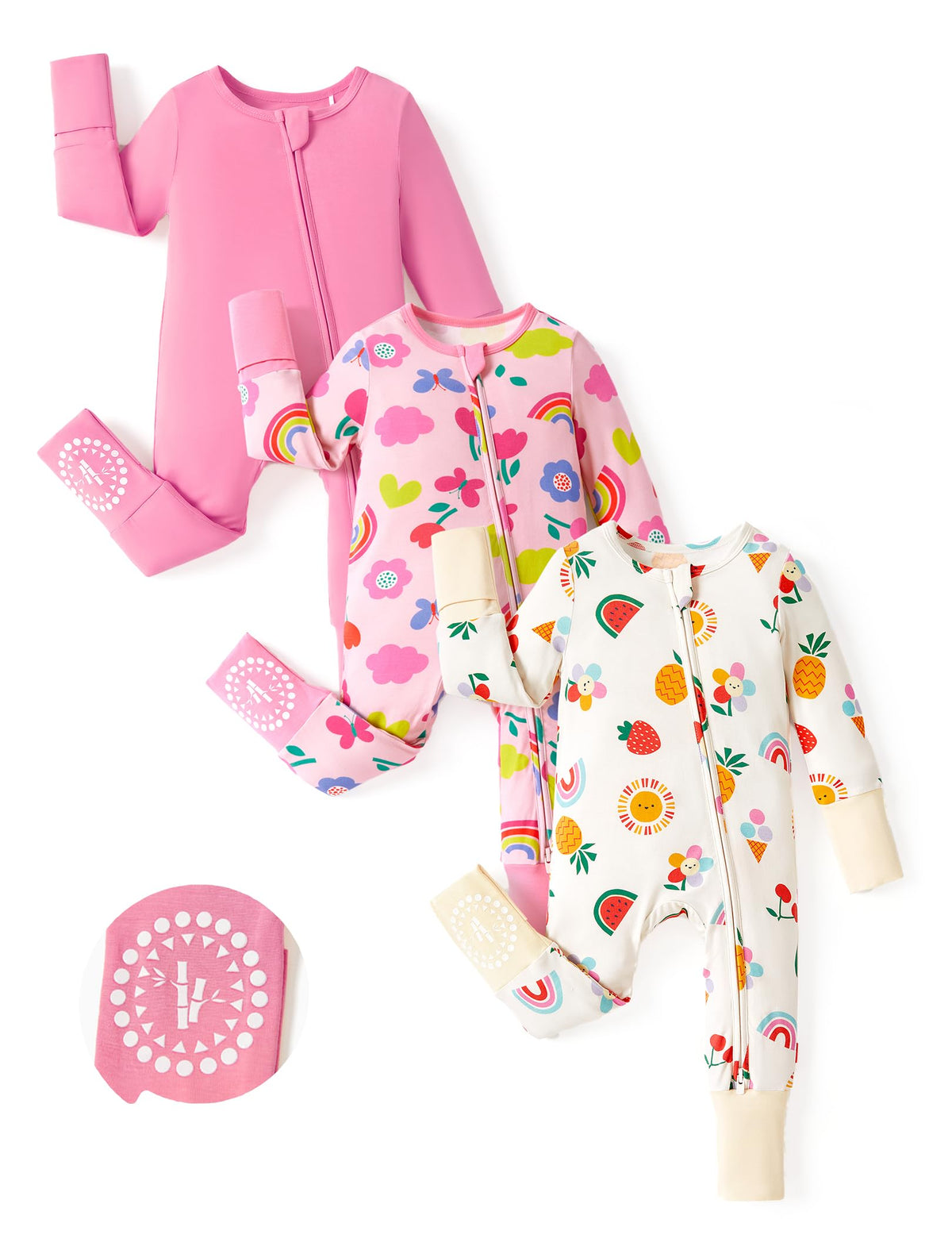 PATPAT Baby Footies Boys Girls - Bamboo Viscose - 2 Way Zipper & Non-Slip Soles Romper Mitten - Footed & Footless Infant Clothes Unisex Jumpsuit 2 Pack Raspberry/Flower/Sun 0-3 Months Beige/Pink