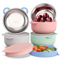Bakpoco Baby Suction Bowls with Lids 4-Pack, 2-in-1 Stainless Steel 304 Toddler Bowl & Removable Silicone Suction Kids Bowl Plate Set Non Toxic Snack Dishes for Self-Feeding, Sunrise Meadow