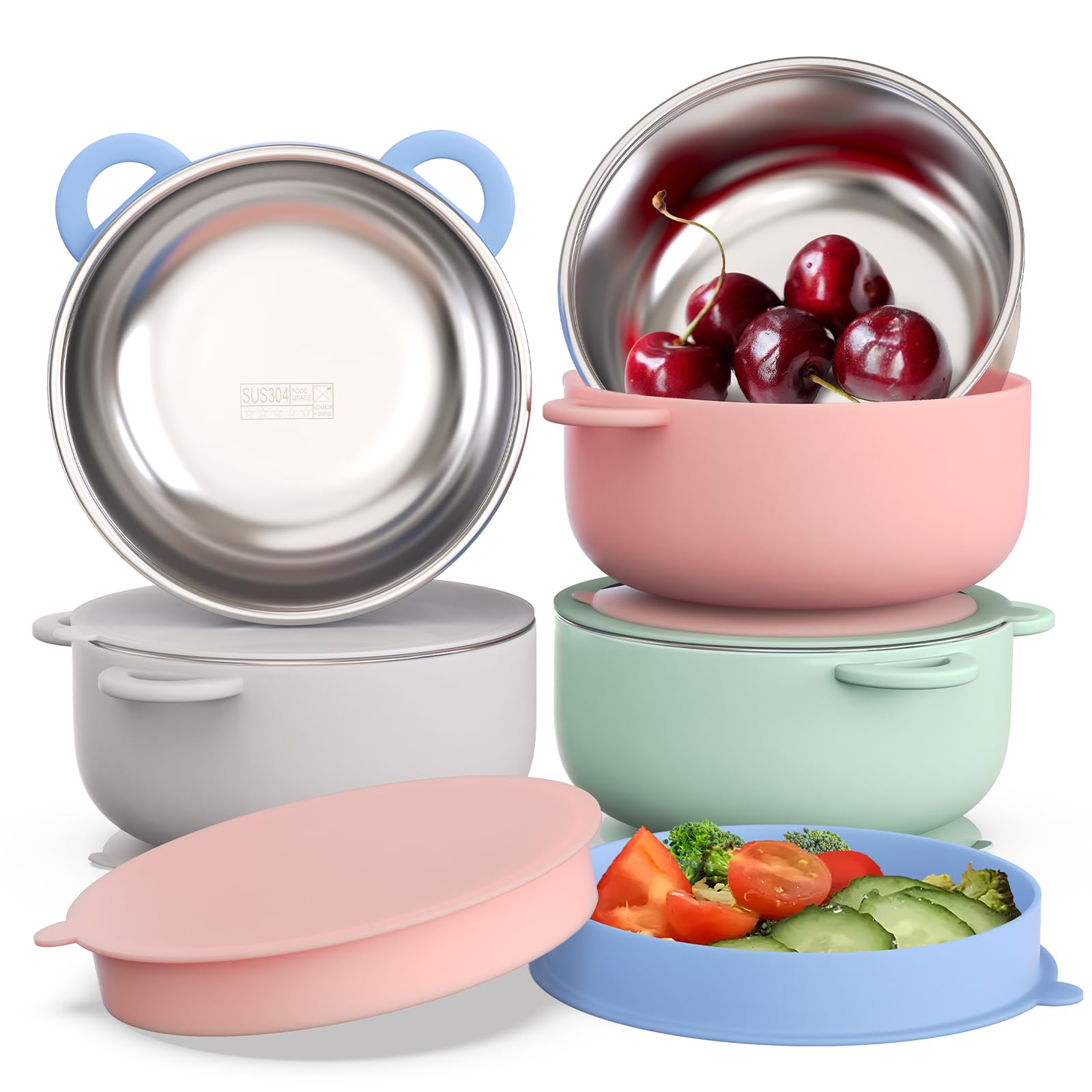 Bakpoco Baby Suction Bowls with Lids 4-Pack, 2-in-1 Stainless Steel 304 Toddler Bowl & Removable Silicone Suction Kids Bowl Plate Set Non Toxic Snack Dishes for Self-Feeding, Sunrise Meadow