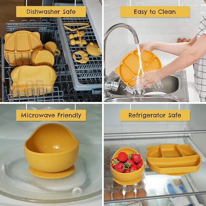 JEVASO Silicone Baby Feeding Set, Baby Led Weaning Supplies, Baby Self Feeding Essentials Suction Bowl Divided Plate Baby Bibs Spoons Forks Sippy Cup Teether, Toddler Eating Utensils for 6+ Months