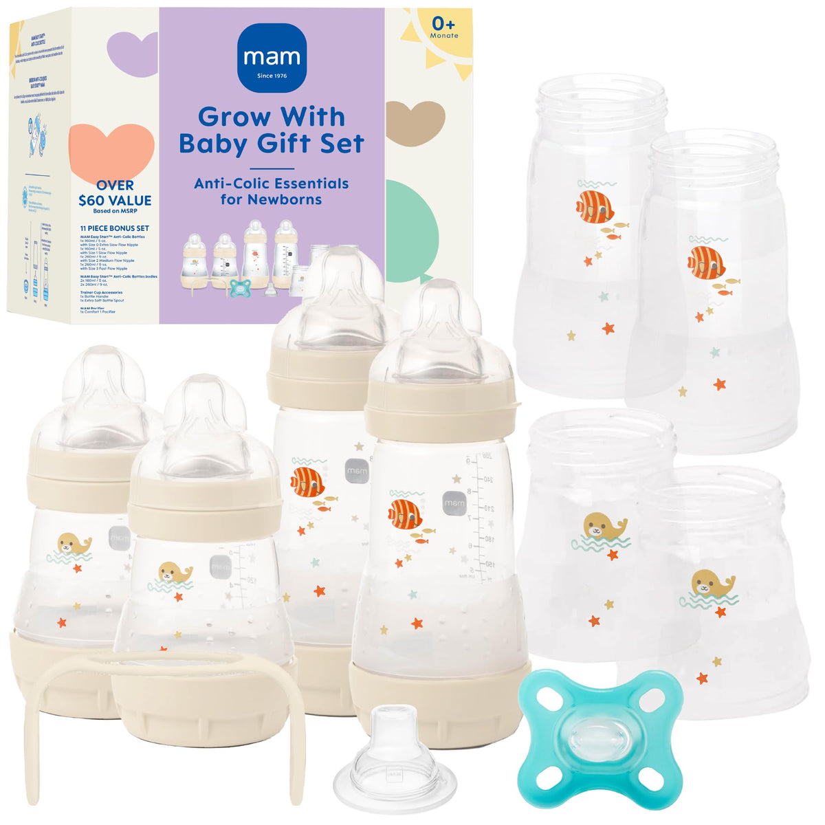 MAM Grow with Baby Anti-Colic+ Bottle & Pacifier Set 0+ Months, Unisex