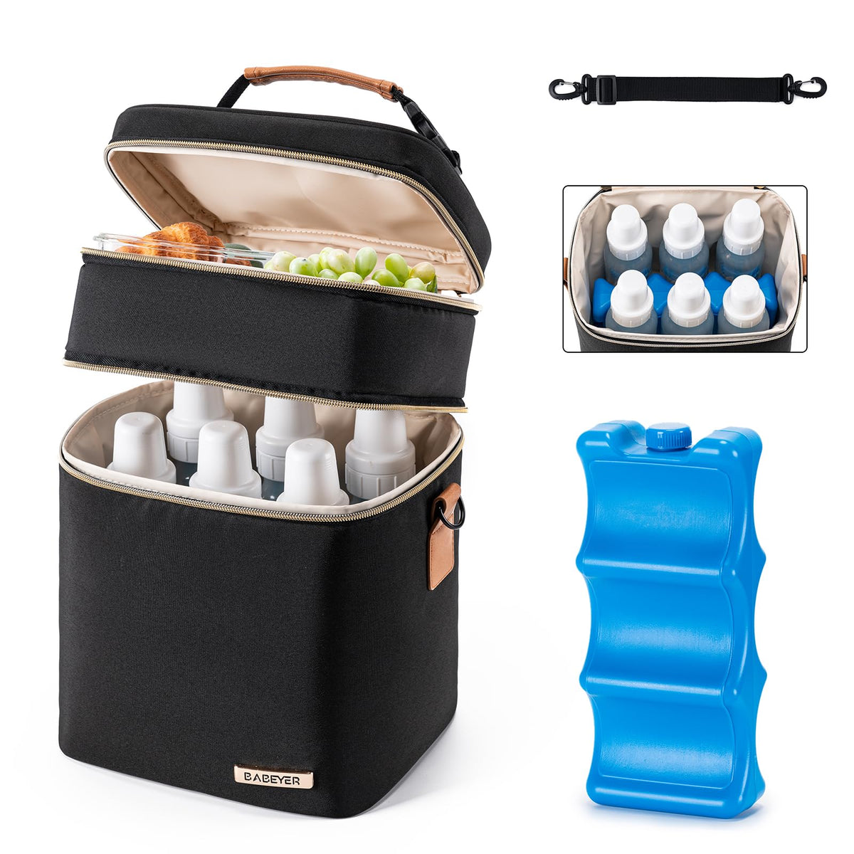 BABEYER Insulated Breastmilk Cooler Bag with Ice Pack - Holds 6x9oz Bottles, Leakproof Double Layer, Baby Bottle Cooler Bag with Adjustable Strap for Nursing Moms, Daycare & Travel