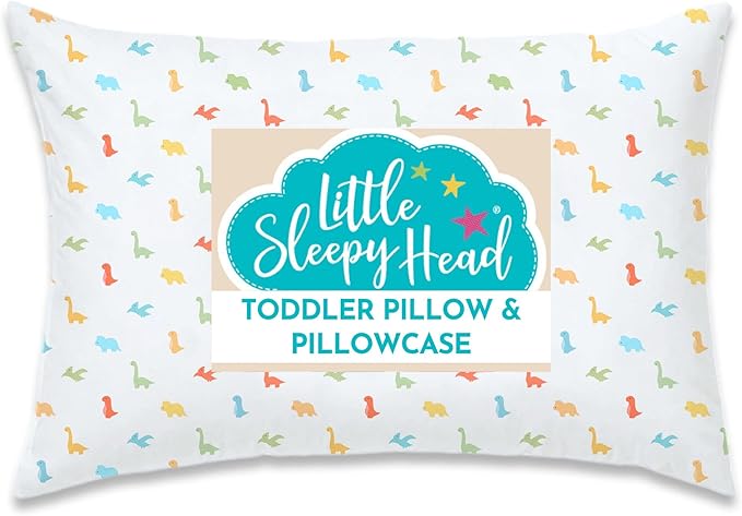 Little Sleepy Head Toddler Pillow with Pillowcase 13x18 - Kids Pillow for Sleeping - Better Neck Support Ergonomic Pillow and Toddler Pillowcase - Best Pillows for Kids (Little Dinos)