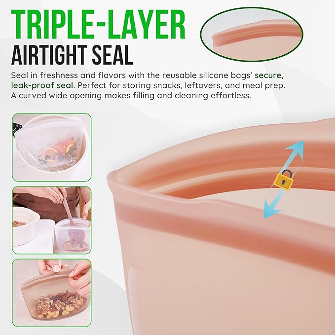 Premium Platinum Silicone Reusable Food Storage Bag 2.1 Cup (17 fl oz), Airtight Zip Lock Bags for Food, BPA-Free Silicone Freezer Bags, Microwave Safe Sous Vide Container, Dry Rose