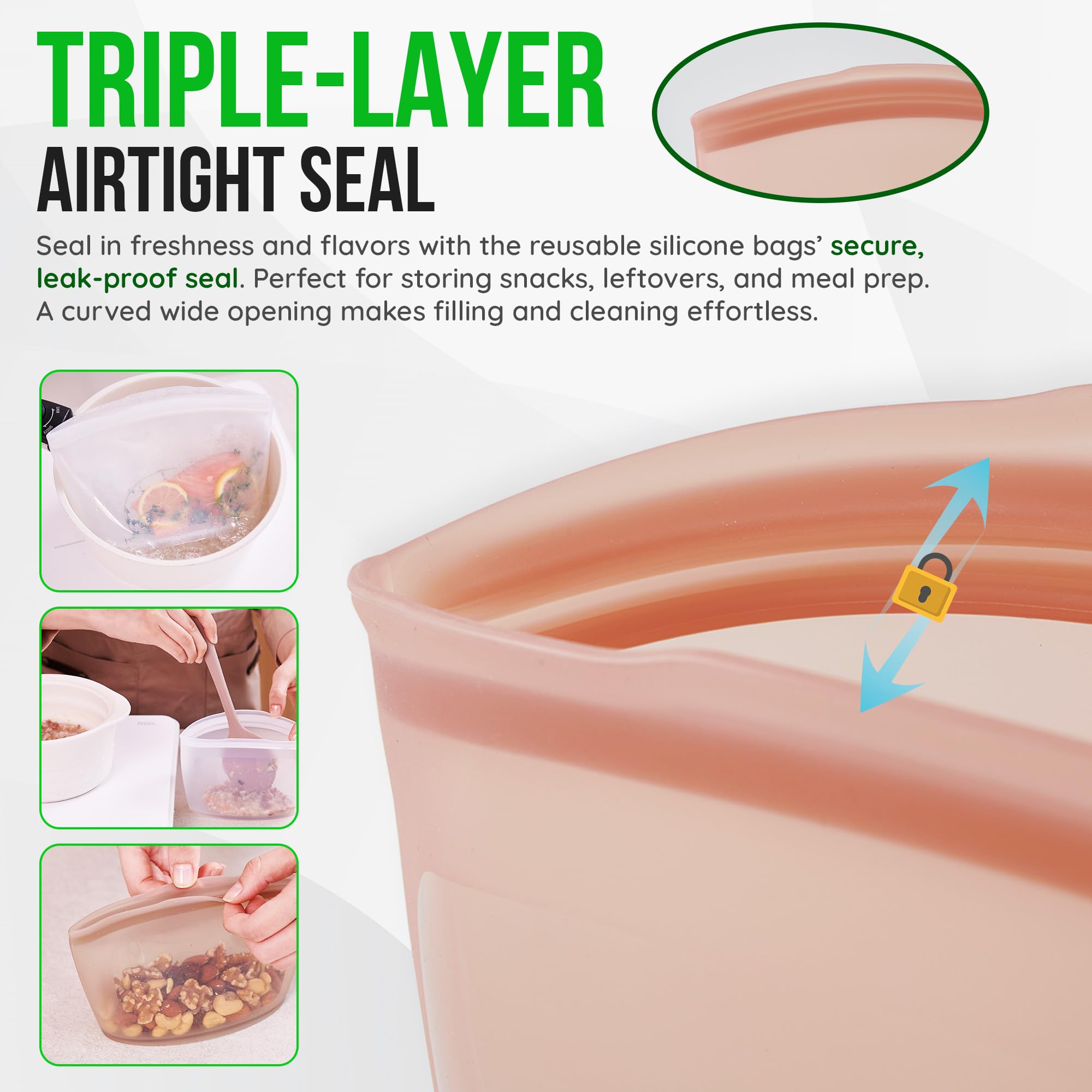 FIRGI Reusable Silicone Food Storage Bag, 2-Cups, Large Container, Made in Korea BPA-Free Platinum Silicone, Triple-Airtight Freezer Bag, Microwave Safe, Sous Vide, Meal Prep, 17oz, Dry Rose