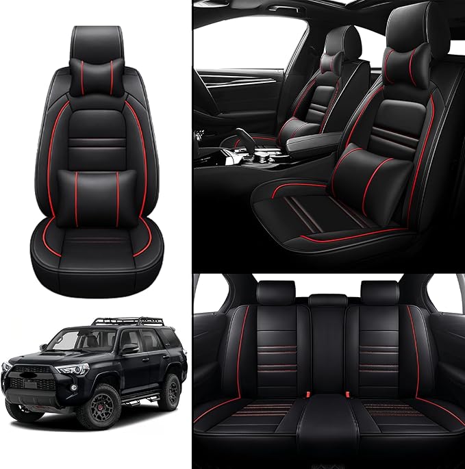 Car Seat Covers for Toyota 4runner 1991-2025 | 5-Seats Seat Covers, Waterproof Seat Protectors, Automotive Seat Covers (Full Set with Pillow,Black&Red Line)