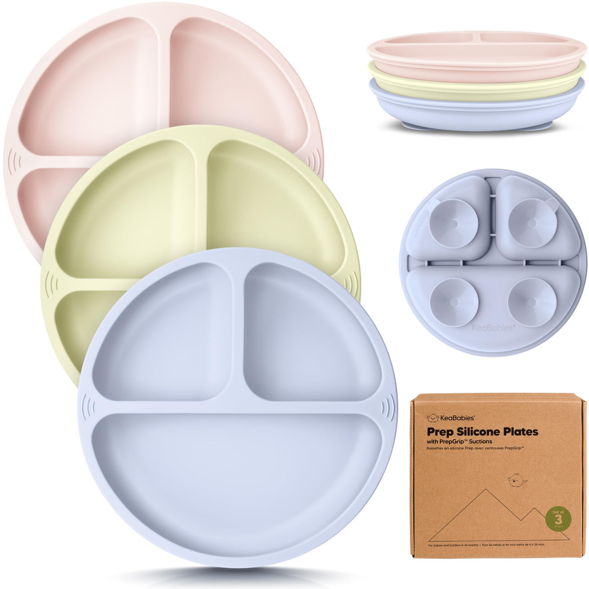 KeaBabies Suction Plates for Baby, Toddler, 3-Pack, 100% Silicone (Alps)
