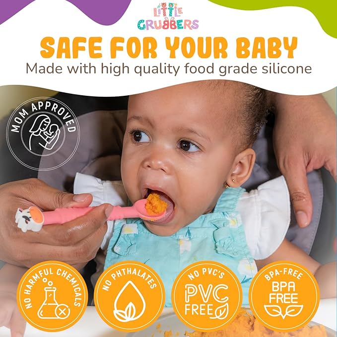 Little Grubbers 3-in-1 Silicone Baby Spoon Self Feeding 6+ Months - Pediatric OT Designed Teether Spoon, BPA Free Toddler Utensils, Mess-Free, Fun for Baby Led Weaning Supplies, Cow & Tiger