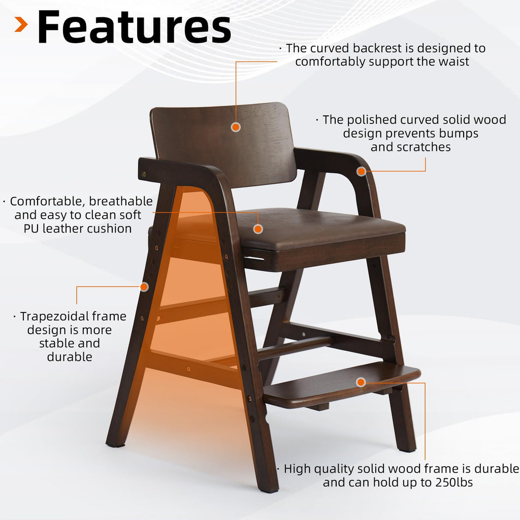 Leesinwing Wooden High Chair for Toddlers, Toddler Dining Chair, Walnut