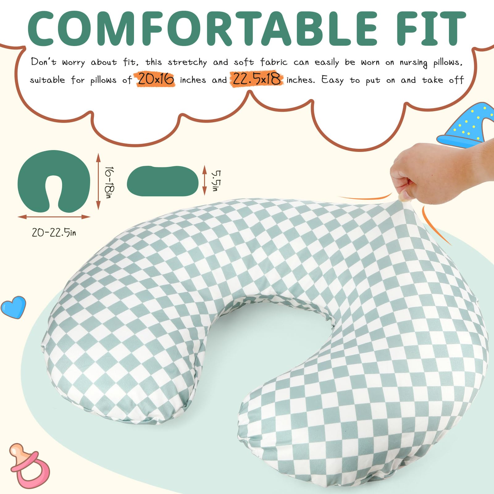 FEBSNOW 2 Pack Baby Nursing Pillow Cover, Stretchy Soft Cotton Nursing Cover for Breastfeeding Pillow Removable Comfortable Baby Feeding Slipcovers for Boy Girl, Checkerboard