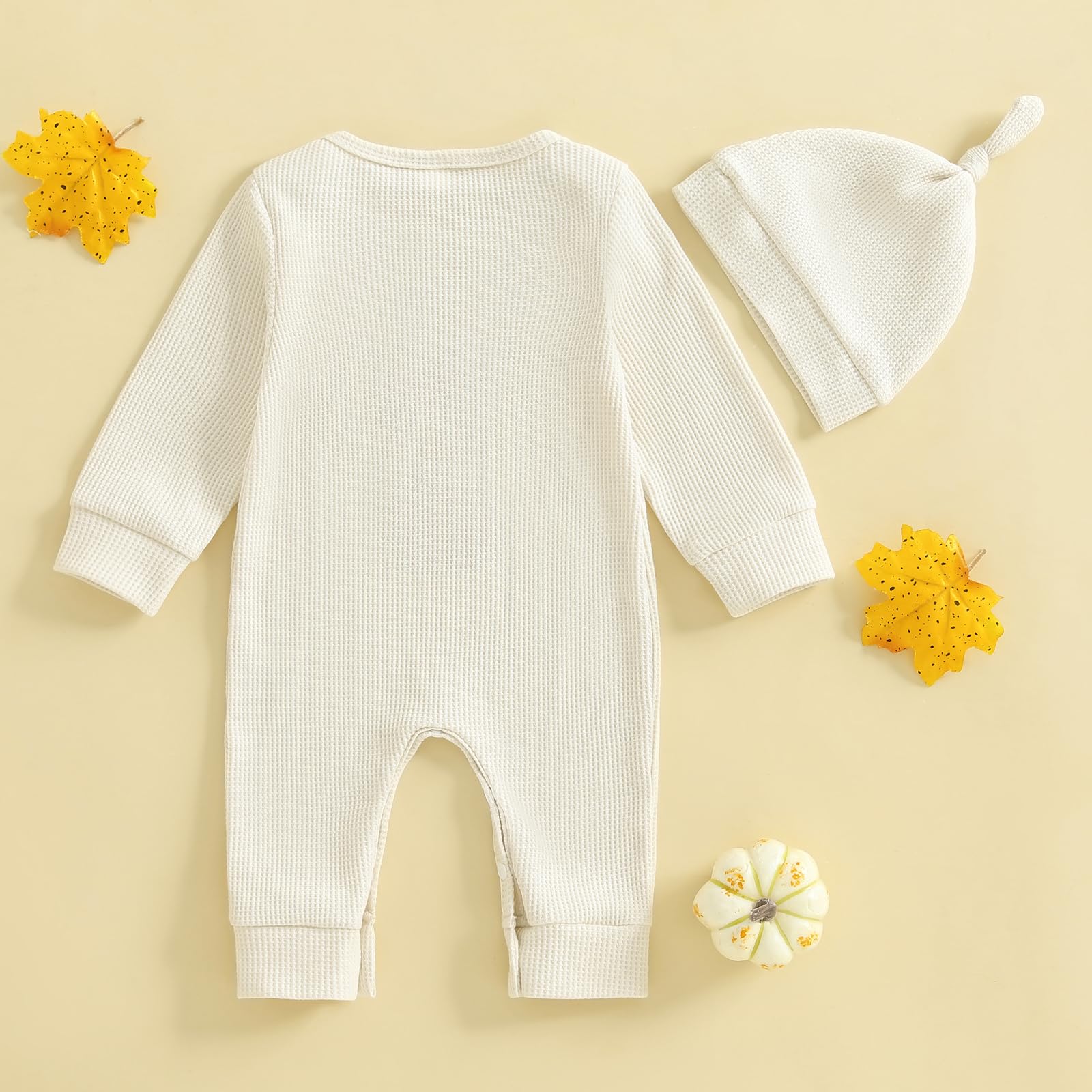 Doqcey Newborn Infant Baby Boy Halloween Outfit Little Pumpkin Embroidery Romper Waffle Knit Long Sleeve Jumpsuit with Hat (Apricot mama's pumpkin, 6-12 Months)
