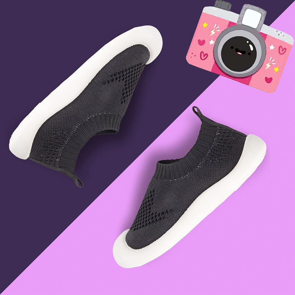 Charrost Toddler Walking Shoes 1-4 Years | Non-Slip Lightweight Sneakers for Boys & Girls with Wide Toe Box | Barefoot Slip-On Design for Indoor/Outdoor Black 6-12 Months Size 3T