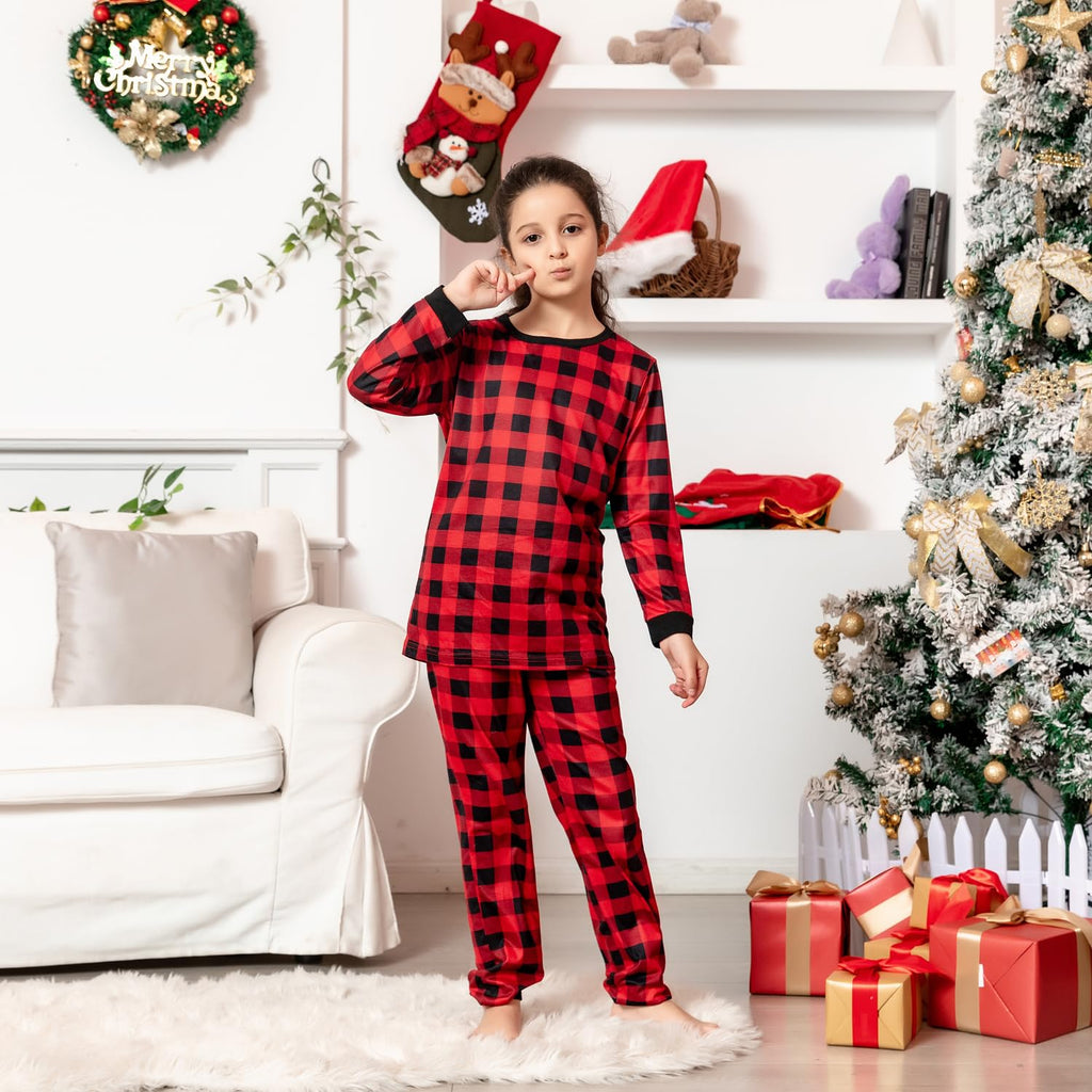 Schbbbta Kids Christmas Plaid Pajamas Boys Girls Button Down Sleepwear Pjs Set, Black Red Plaid, 9-10 Years=Tag 150