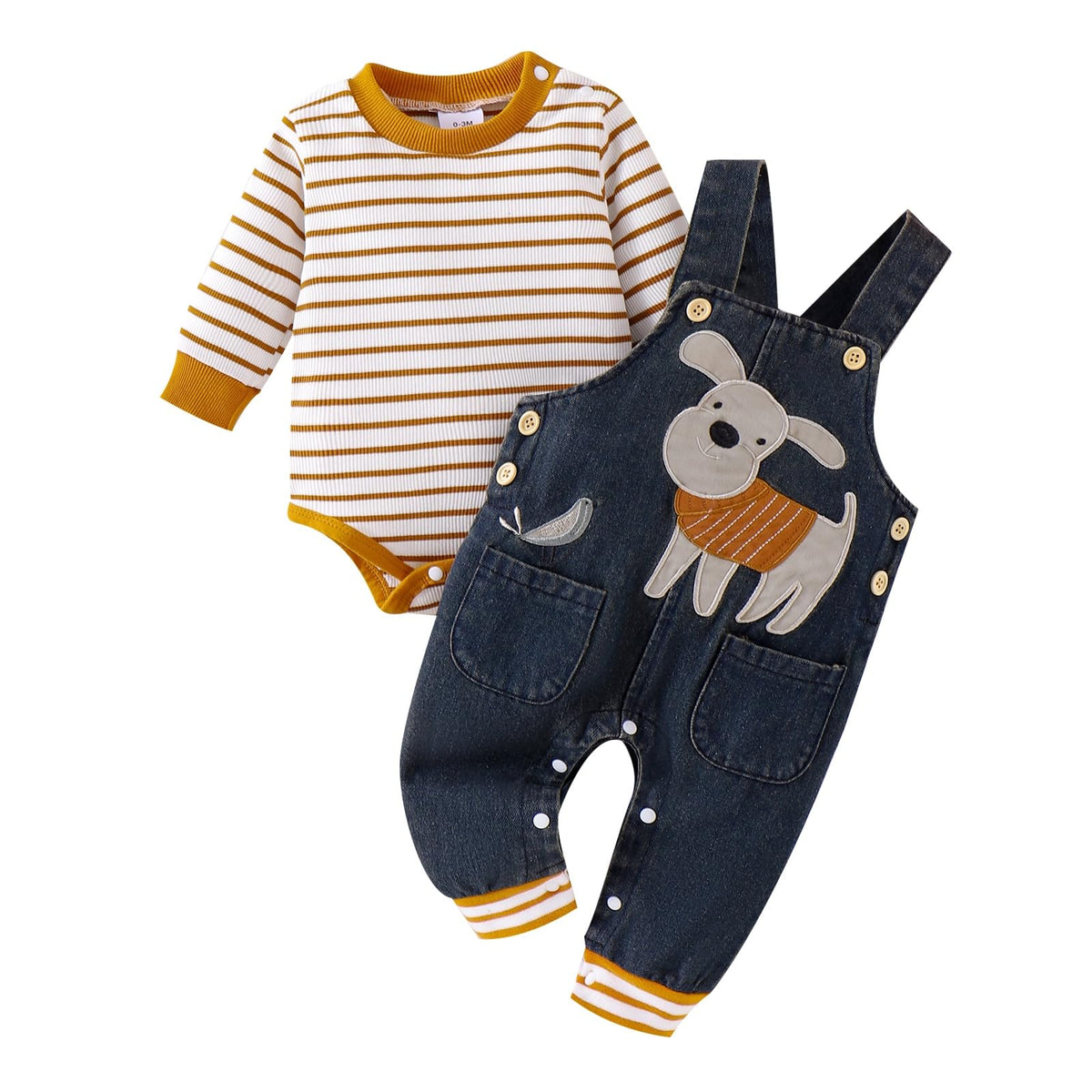 3-6 Month Boy Clothes Baby Fall Winter Newborn Fashion Outfits Infant Long Sleeve Striped Romper Cute Dog Cartoon Button Jeans Overalls Pants Set Blue 3-6 Months